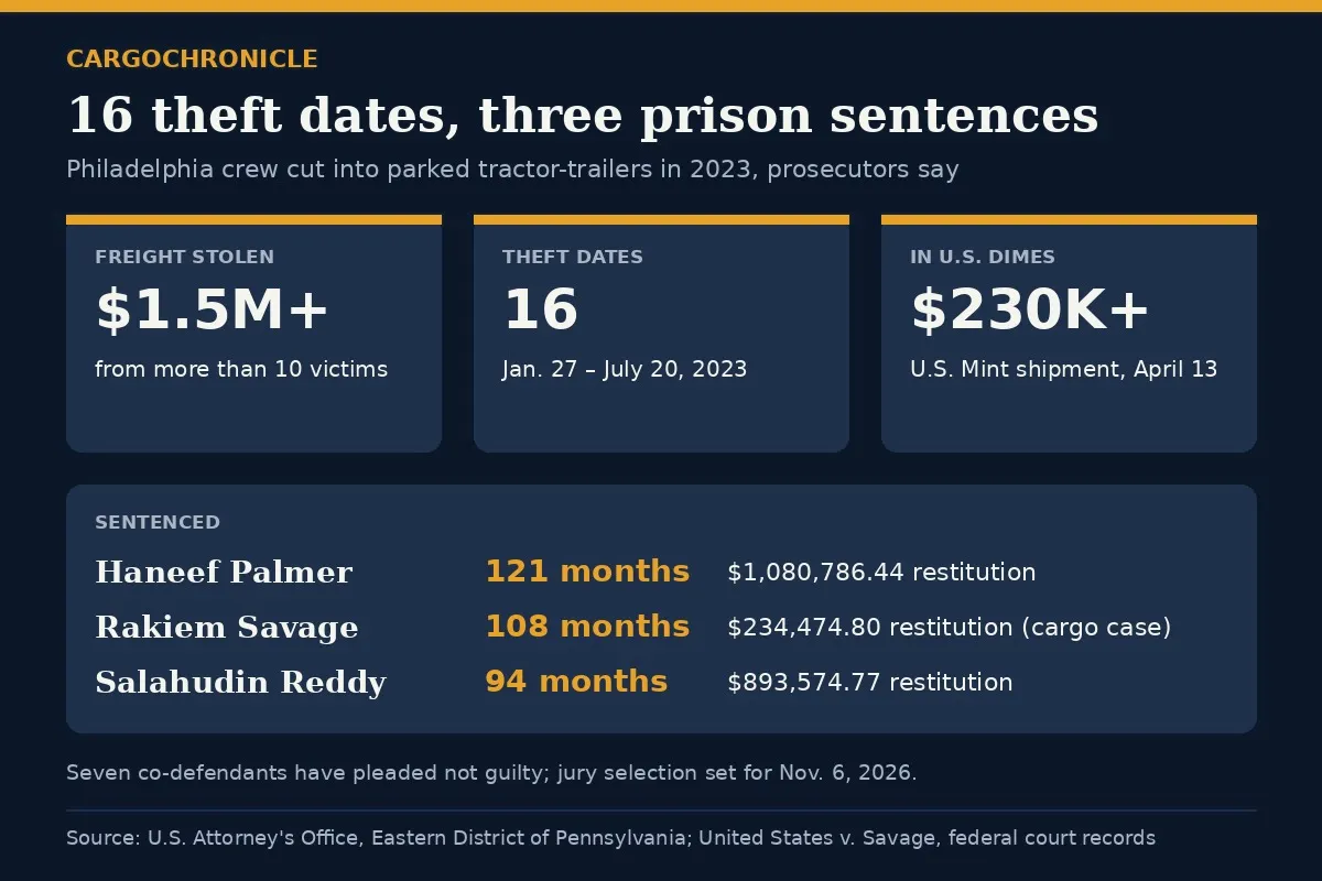 CargoChronicle fact card summarizing the Philadelphia dime-heist sentencings