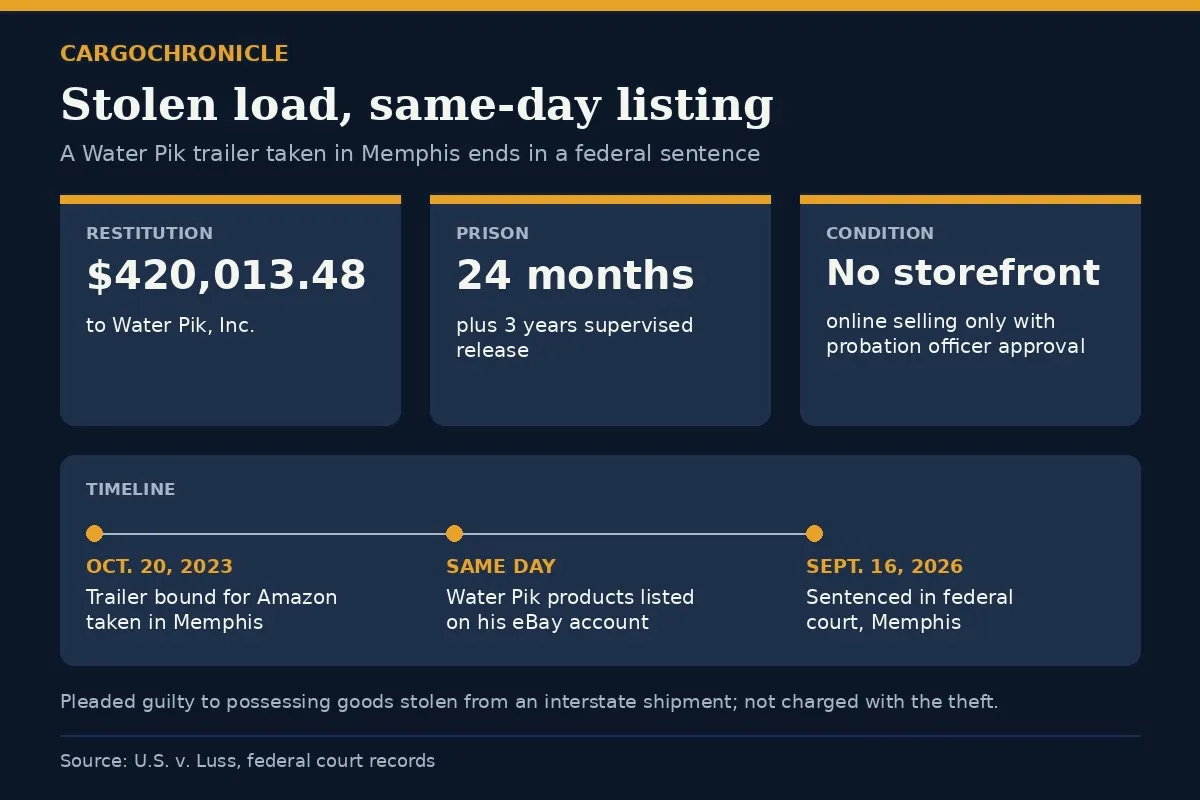 CargoChronicle fact card summarizing the Luss Water Pik theft sentencing