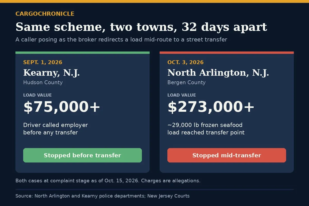CargoChronicle fact card summarizing the North Arlington and Kearny seafood diversion cases